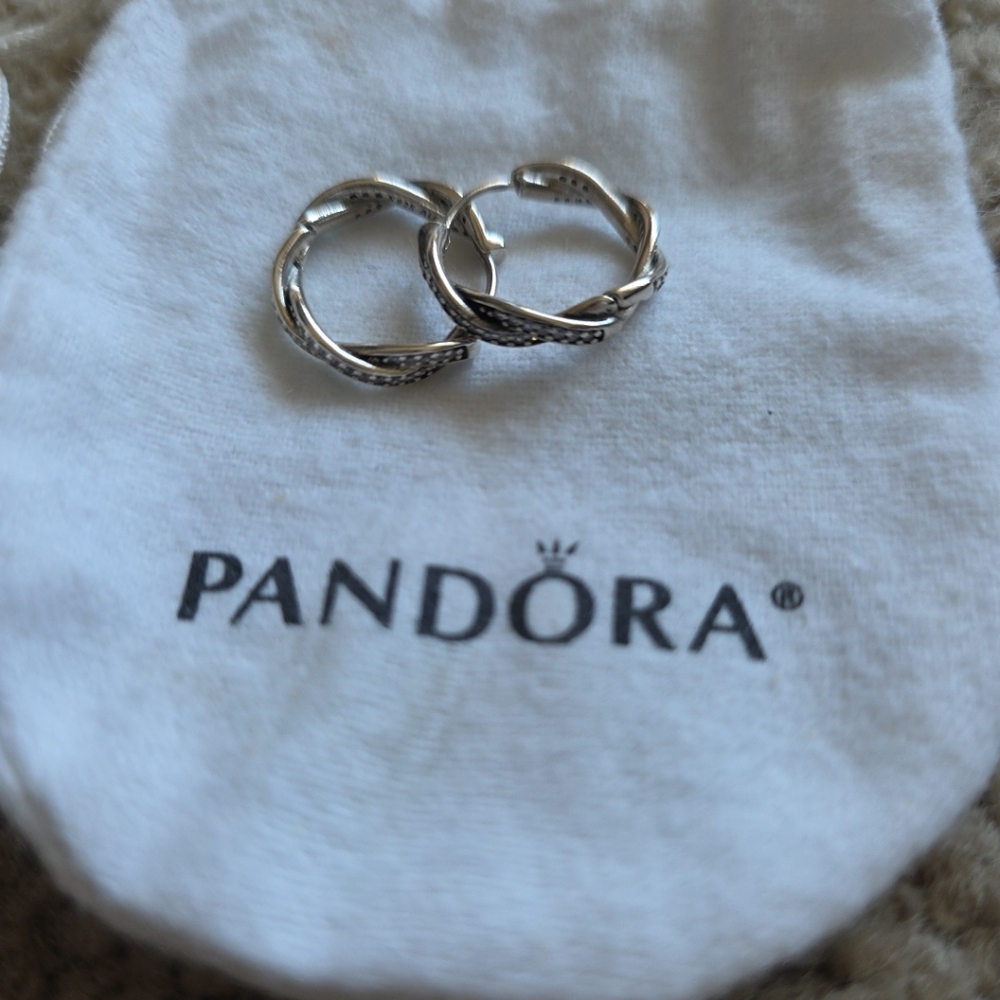 Authentic ALE Pandora Sterling Silver Diamonds Woven Hoop Earrings